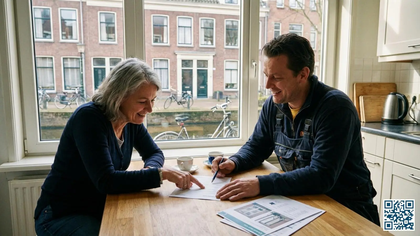 Nederlandse huiseigenaar bespreekt een offerte voor glasvervanging met een glaszetter aan de keukentafel