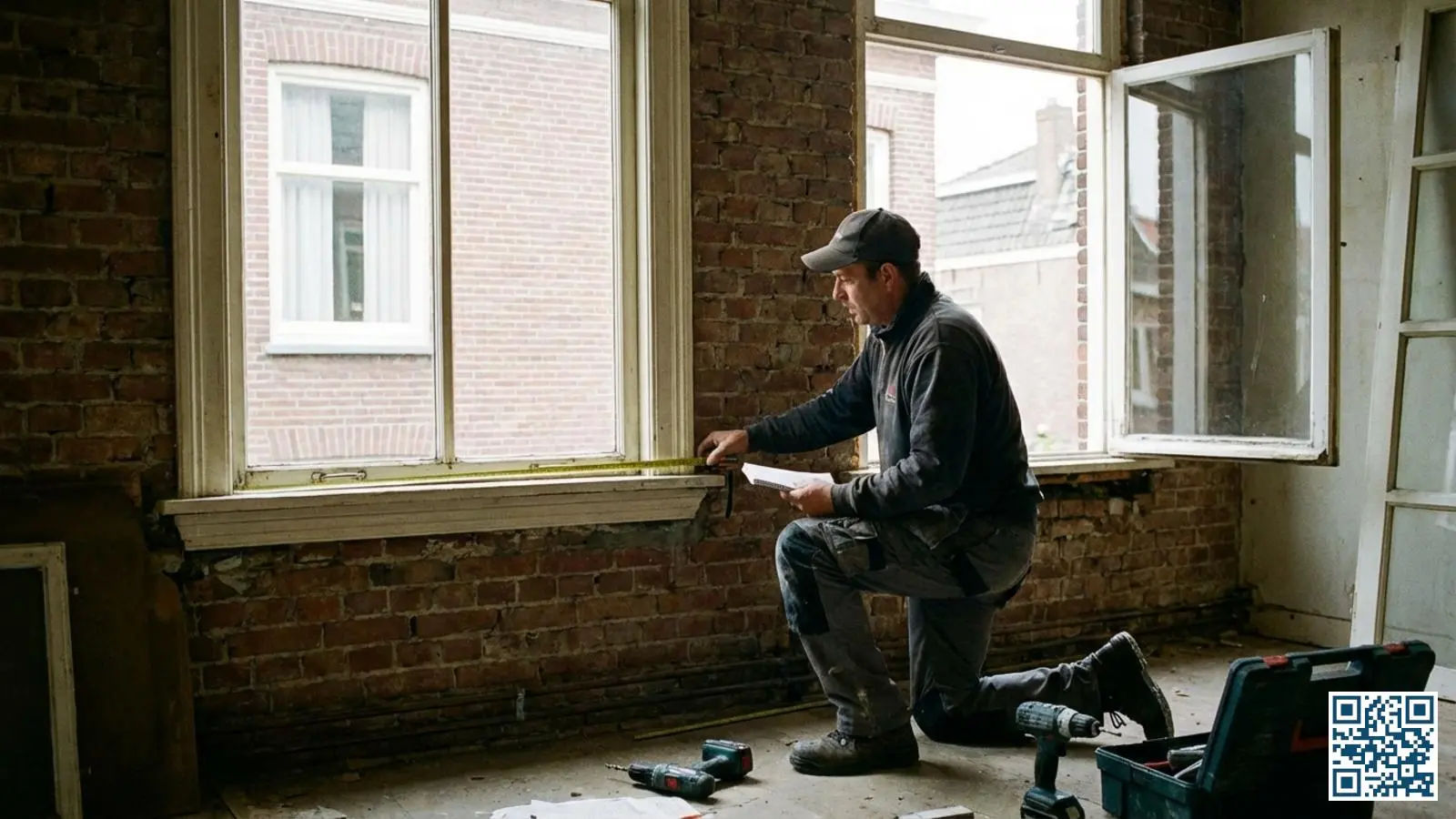 Glaszetter meet zorgvuldig een raamkozijn op in een Nederlandse rijtjeswoning voor glasvervanging