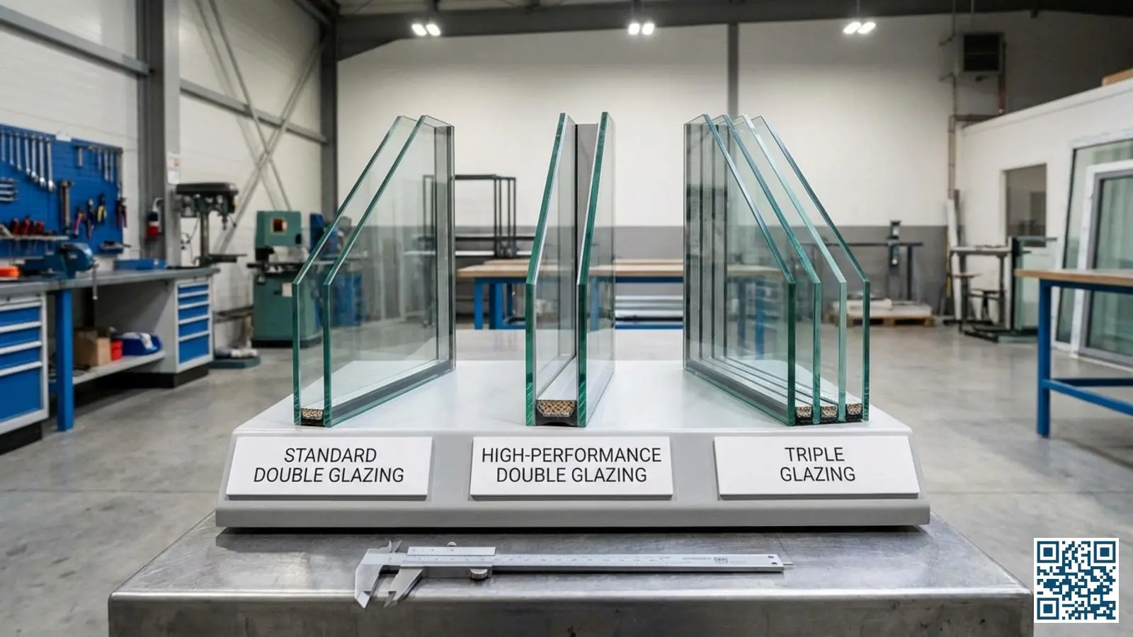 Verschillende HR-glastypen naast elkaar geplaatst voor prijsvergelijking van standaard tot triple glas