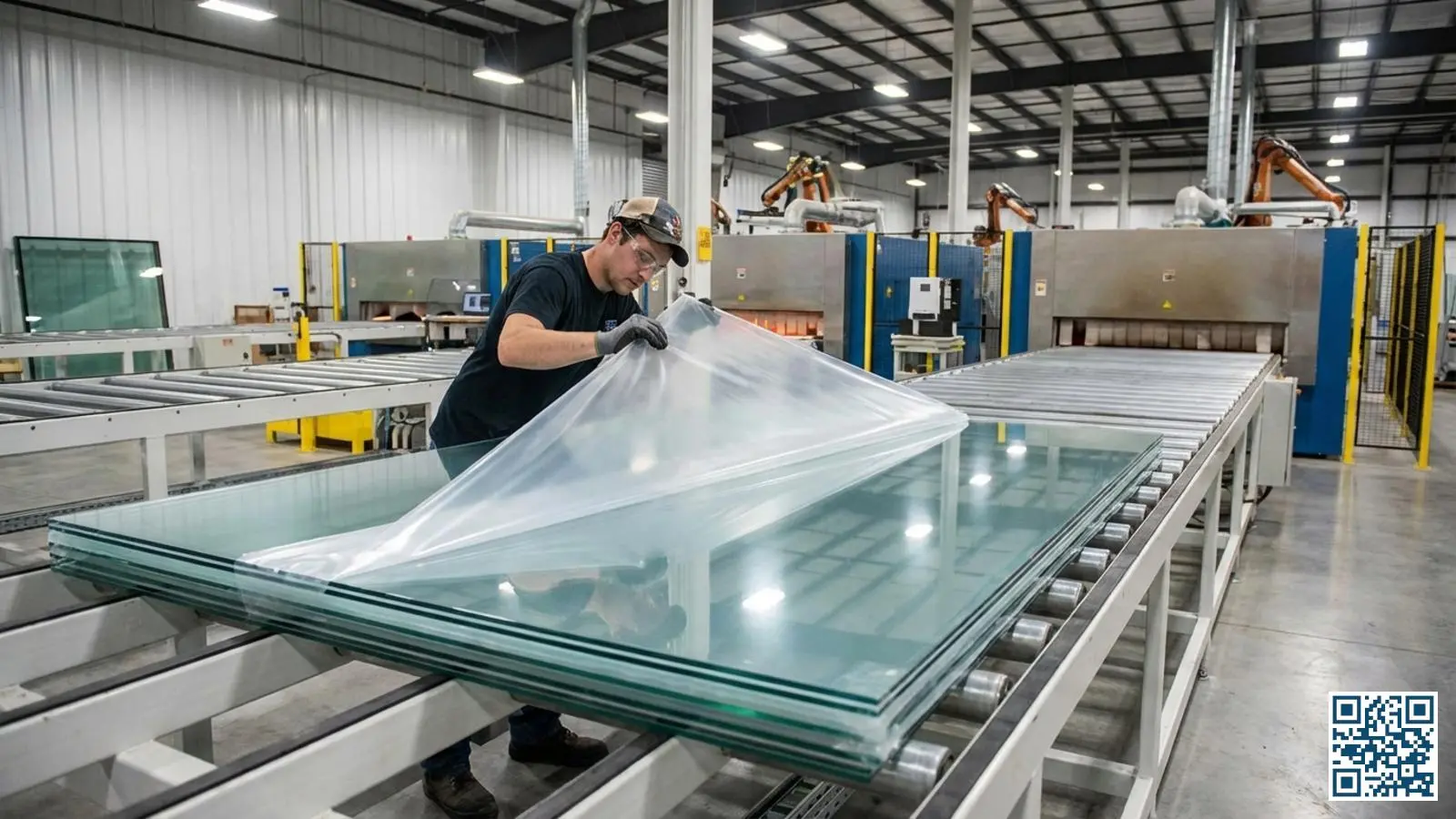 Productie van gelamineerd veiligheidsglas met zichtbare tussenlagen in een moderne glasfabriek