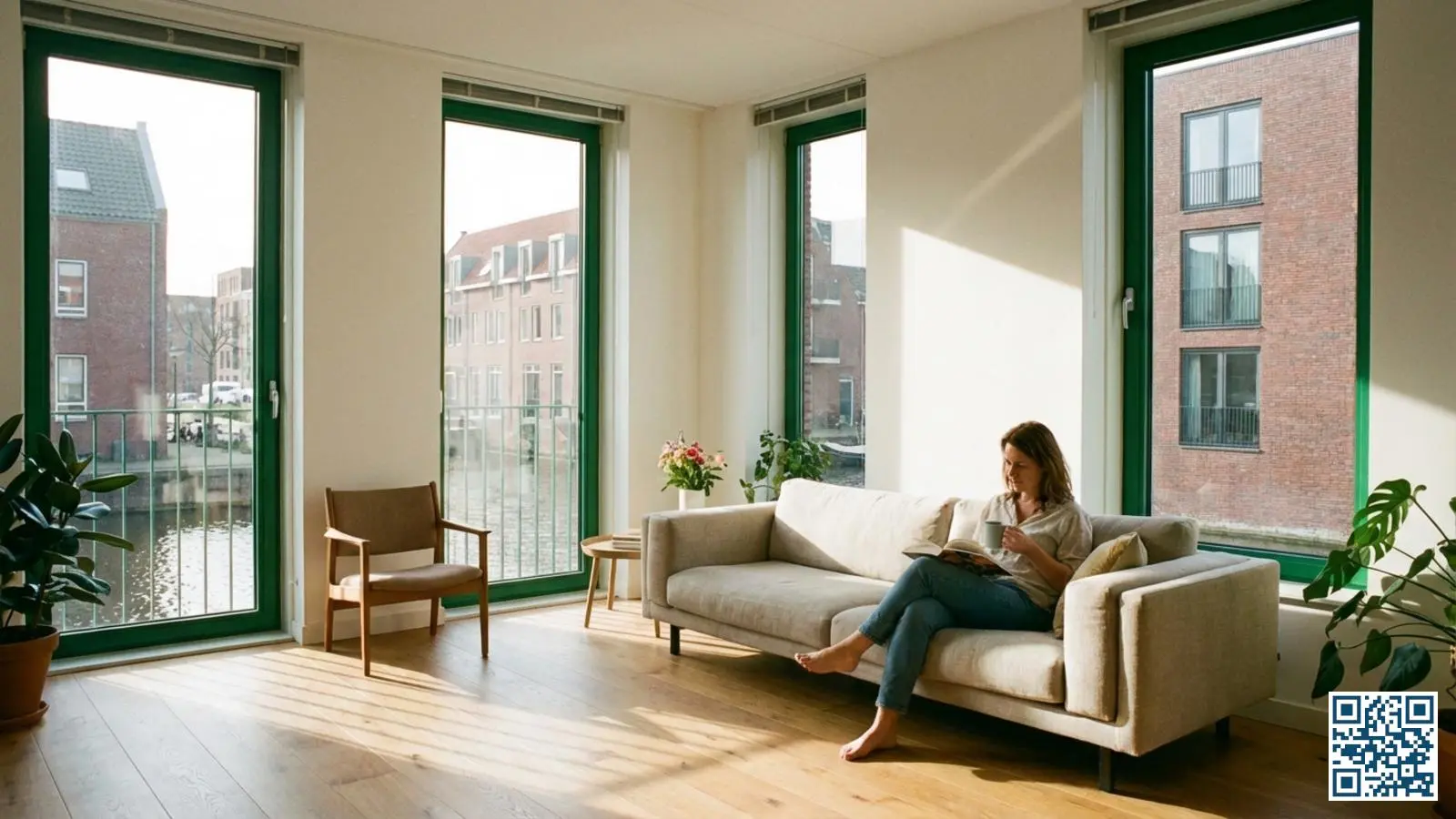 Moderne woonkamer met grote HR++ glas ramen waar warm daglicht doorheen schijnt