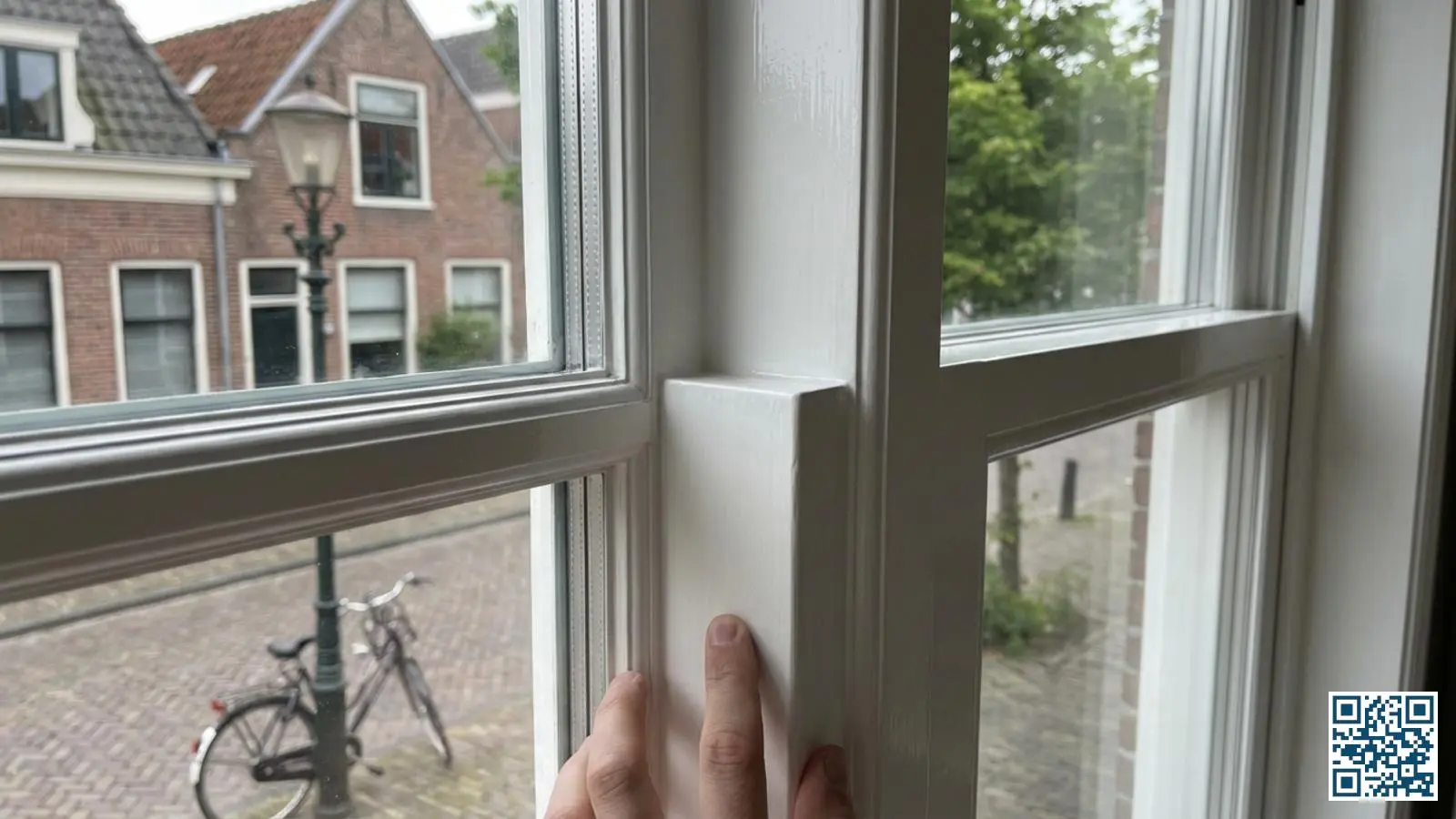 Nieuw geplaatst HR++ glas in een wit geschilderd houten kozijn met zichtbare glaslatten