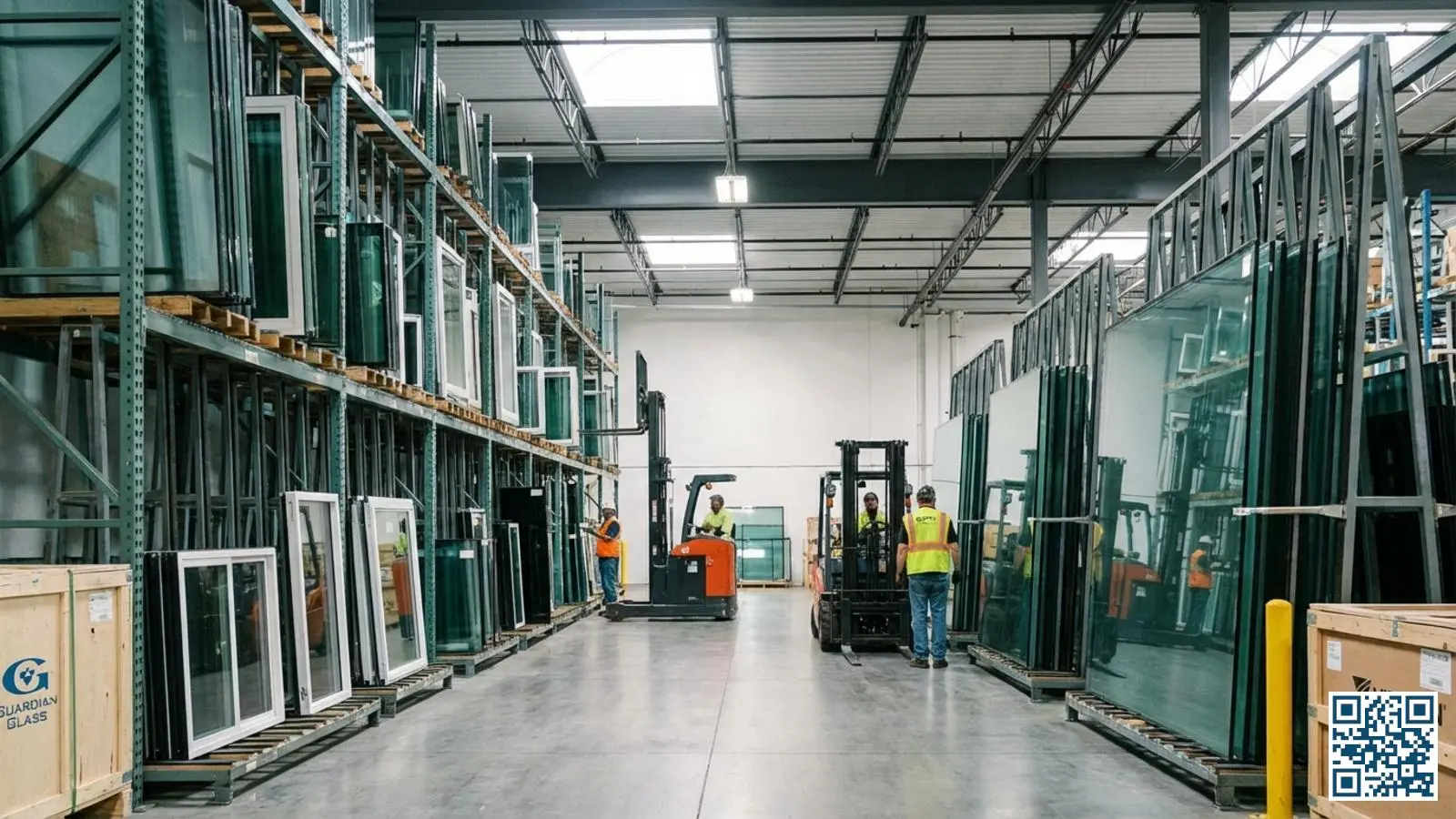 Glasmagazijn met verschillende formaten isolatieglas units verticaal opgeslagen in rekken