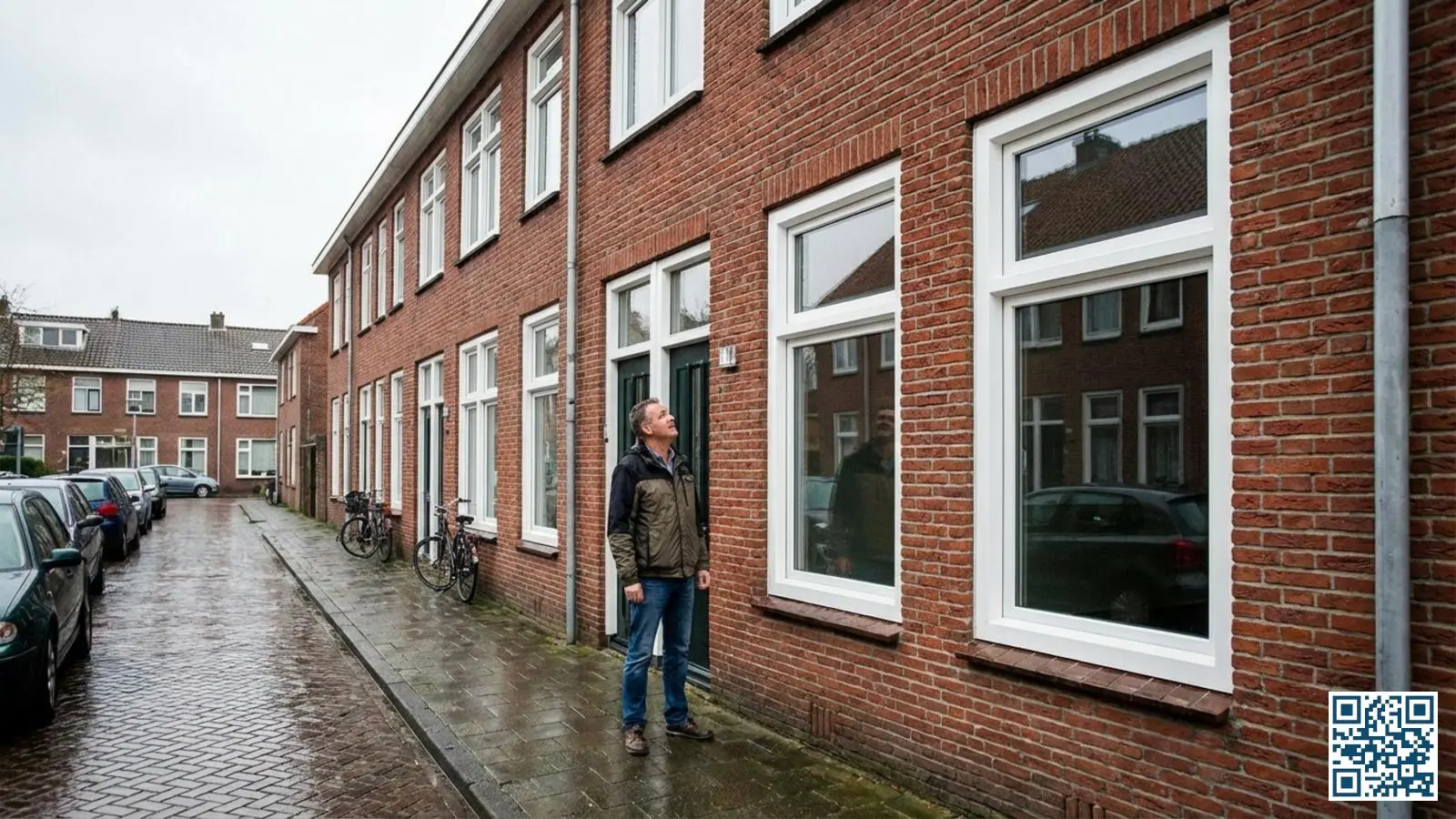 Nederlandse tussenwoning met nieuw geplaatste isolerende ramen gezien vanaf de straat