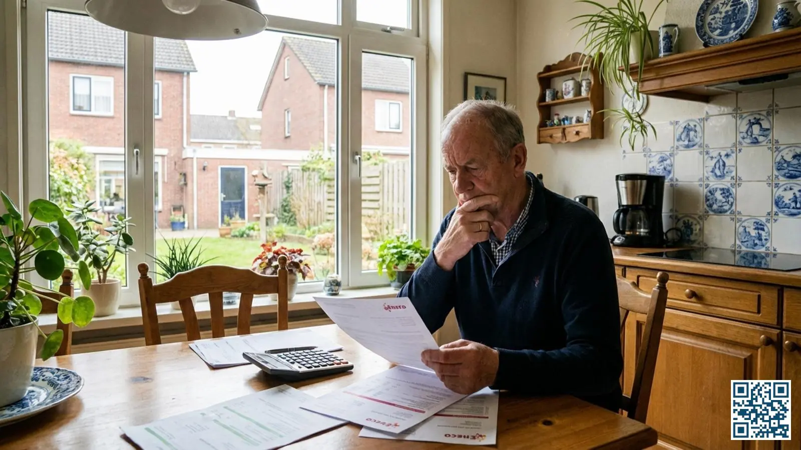 Huiseigenaar berekent de terugverdientijd van HR-glas met rekenmachine en energierekeningen op tafel