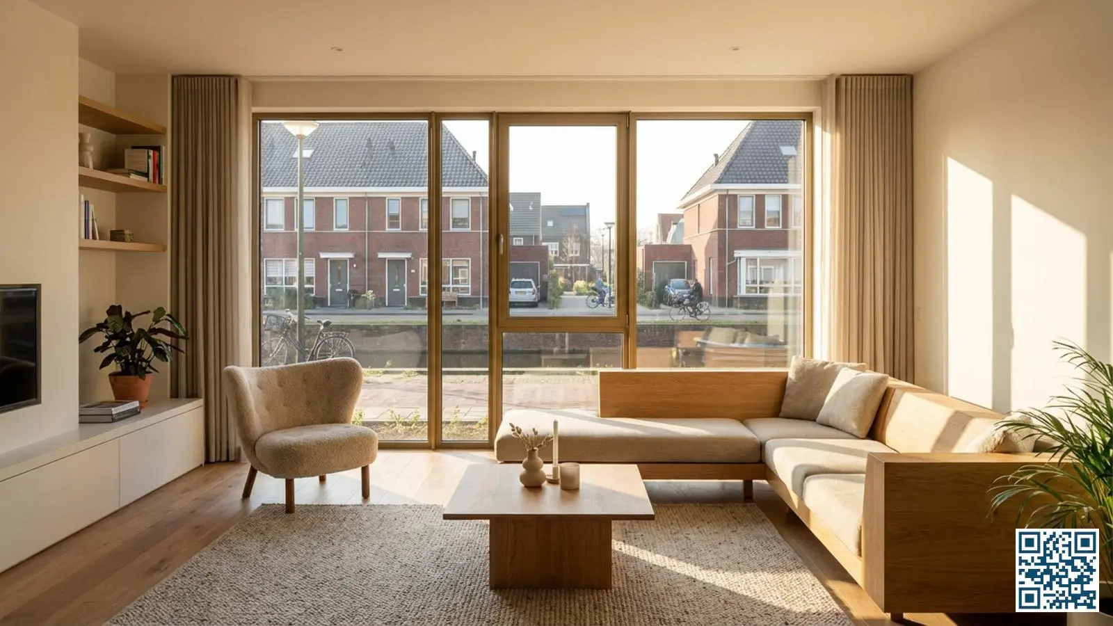 Moderne woonkamer met grote triple glas ramen waar warm daglicht naar binnen stroomt