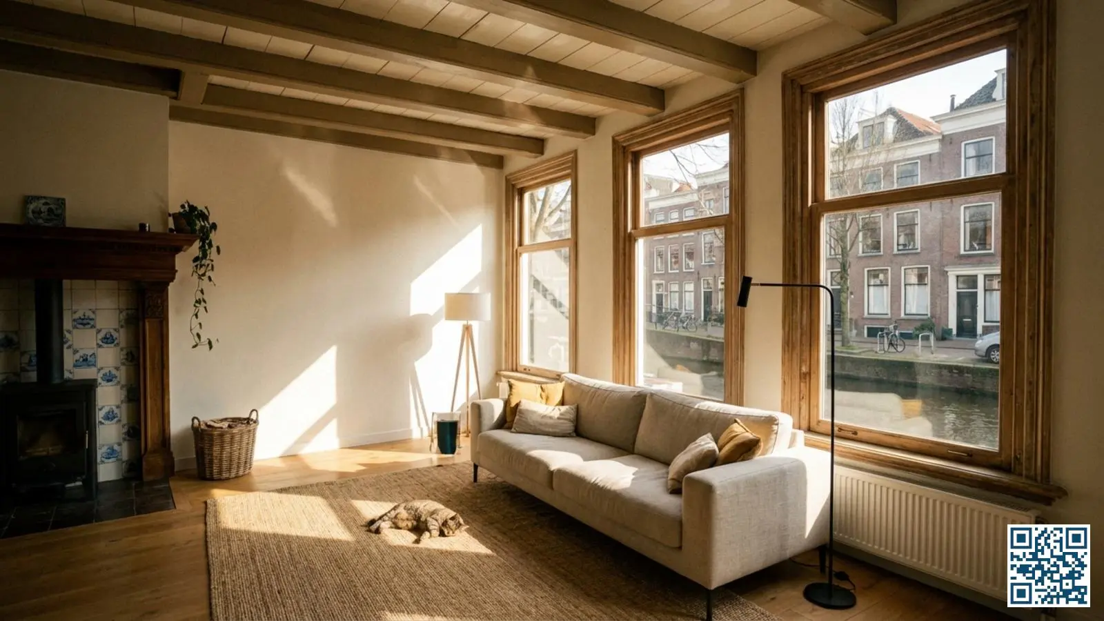 Lichte woonkamer met originele houten kozijnen waarin nieuwe HR++ ruiten zijn geplaatst met warm binnenvallend daglicht