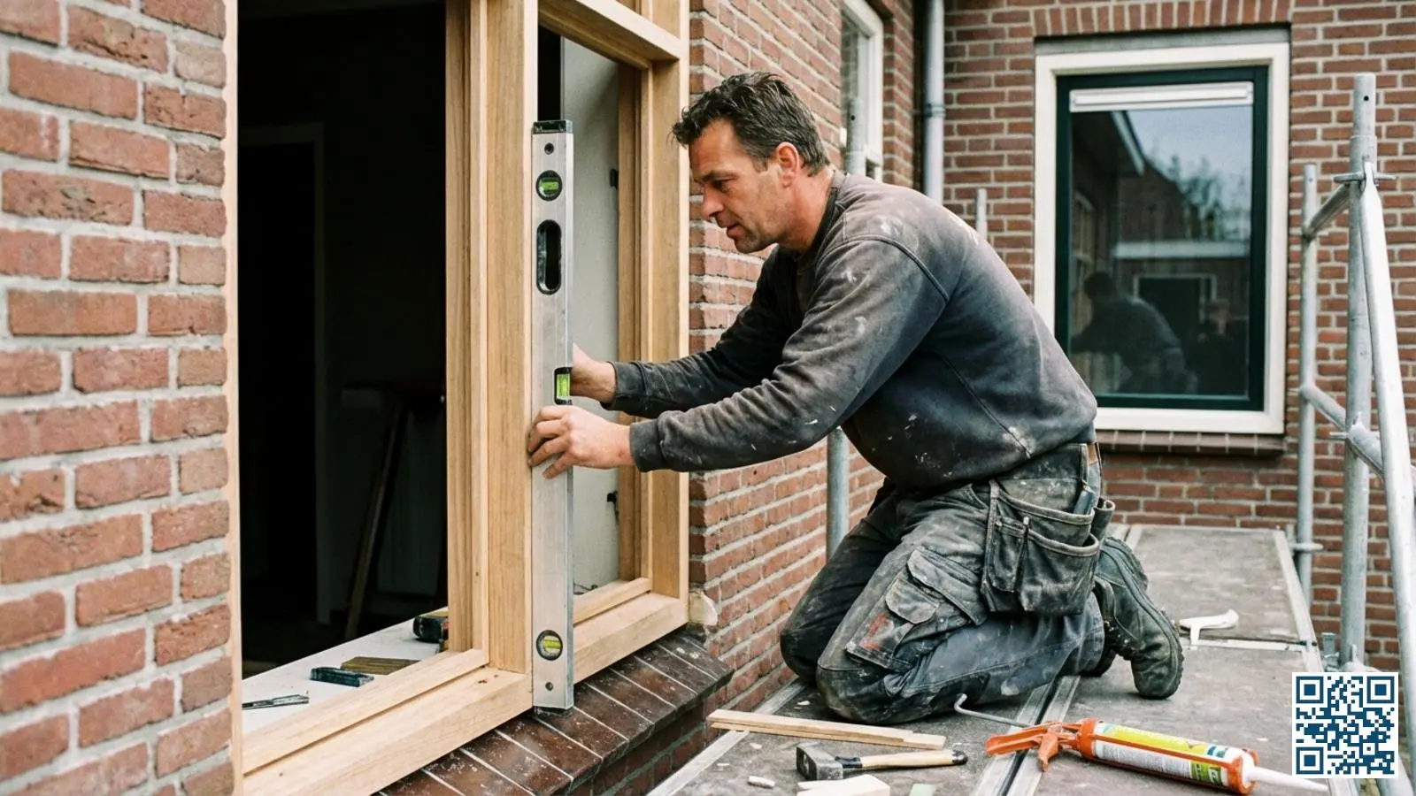 Vakkundige monteur plaatst zorgvuldig een nieuw kozijn met HR-glas in een Nederlandse woning met waterpas