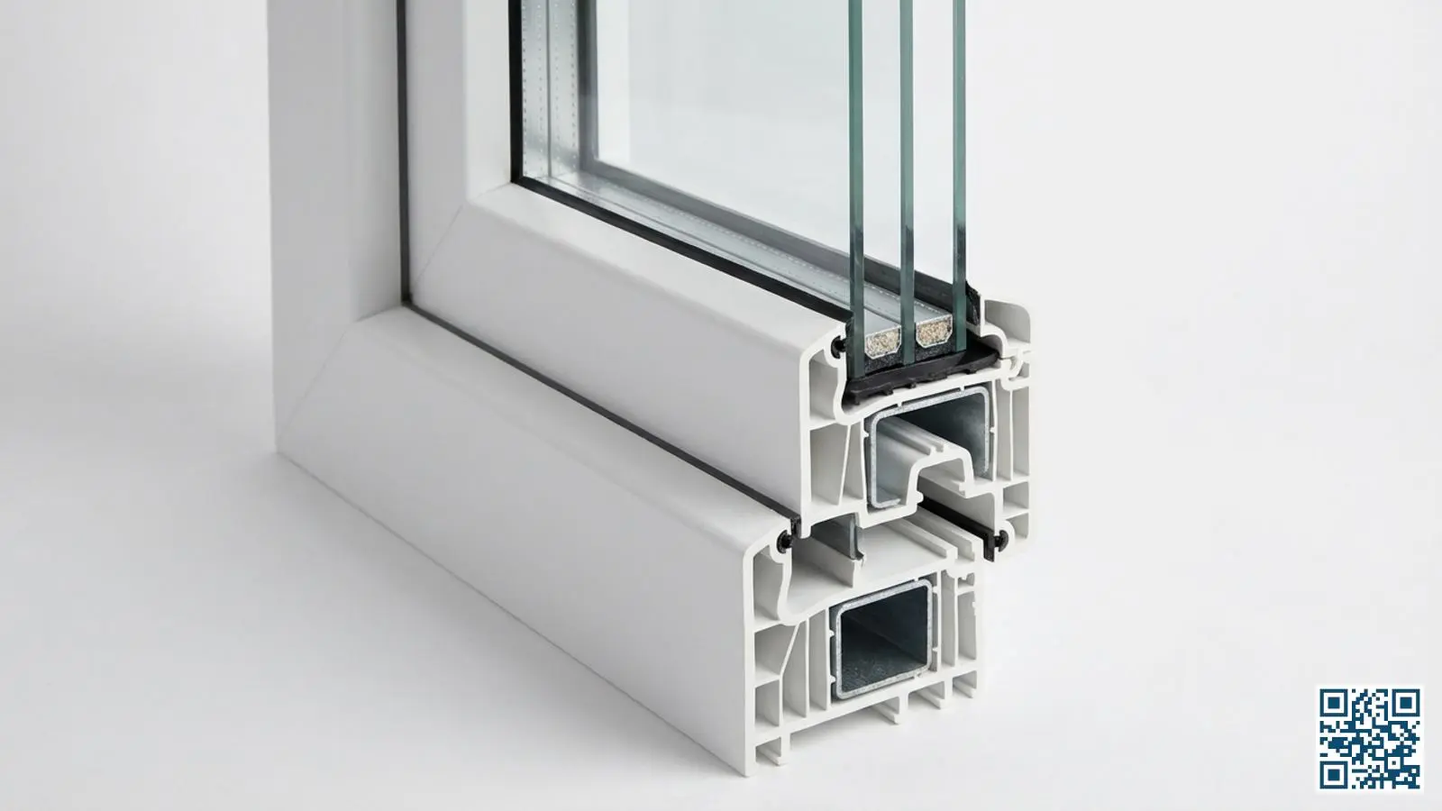 Doorsnede van een kunststof kozijnprofiel met zichtbare dubbelglas unit en randafdichting in de sponning