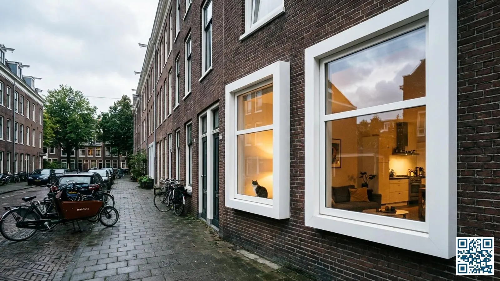 Nederlandse rijtjeswoning met moderne witte kozijnen en HR-glas waarbij warme binnenverlichting zichtbaar is door het raam