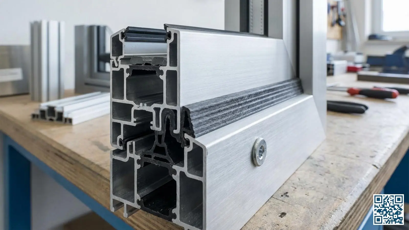 Doorsnede van een aluminium kozijnprofiel met zichtbare polyamide thermische onderbreking tussen binnen- en buitenprofiel