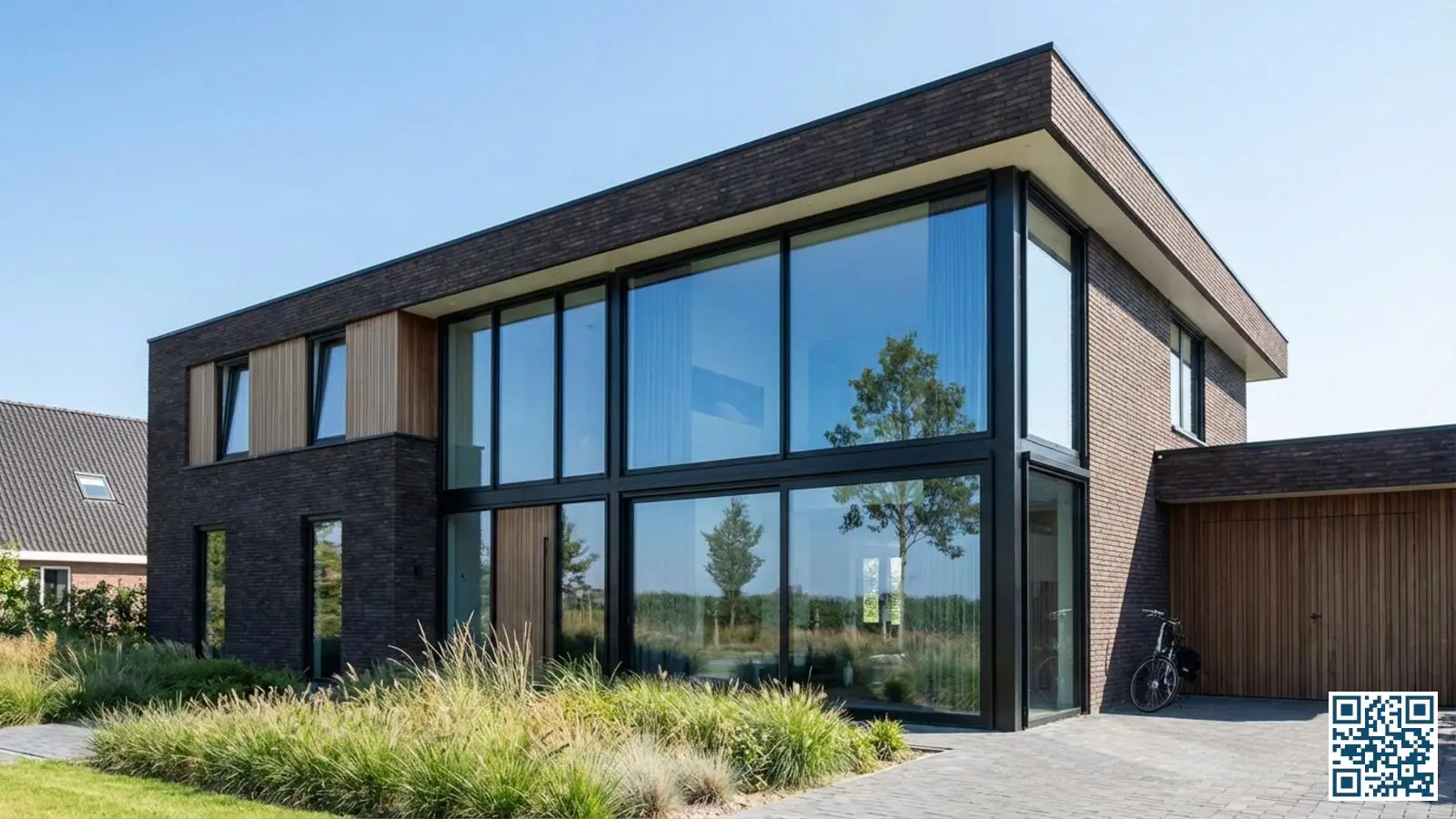 Moderne nieuwbouwwoning met slanke zwarte aluminium kozijnen en grote glaspartijen die veel daglicht binnenlaten