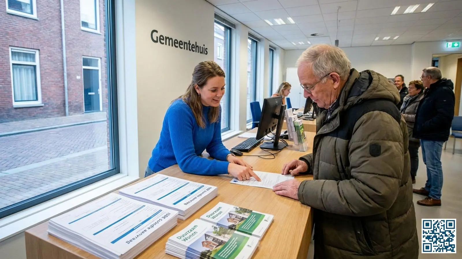 Gemeenteloket waar een woningeigenaar hulp krijgt bij subsidieaanvraag voor woningisolatie