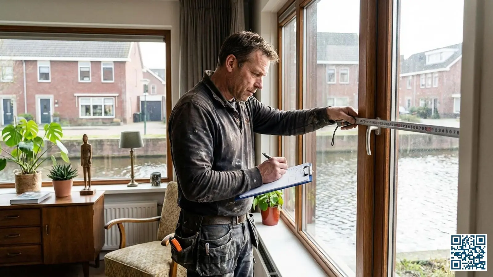 Glaszetter meet zorgvuldig een raamkozijn op met meetlint in een Nederlandse woning