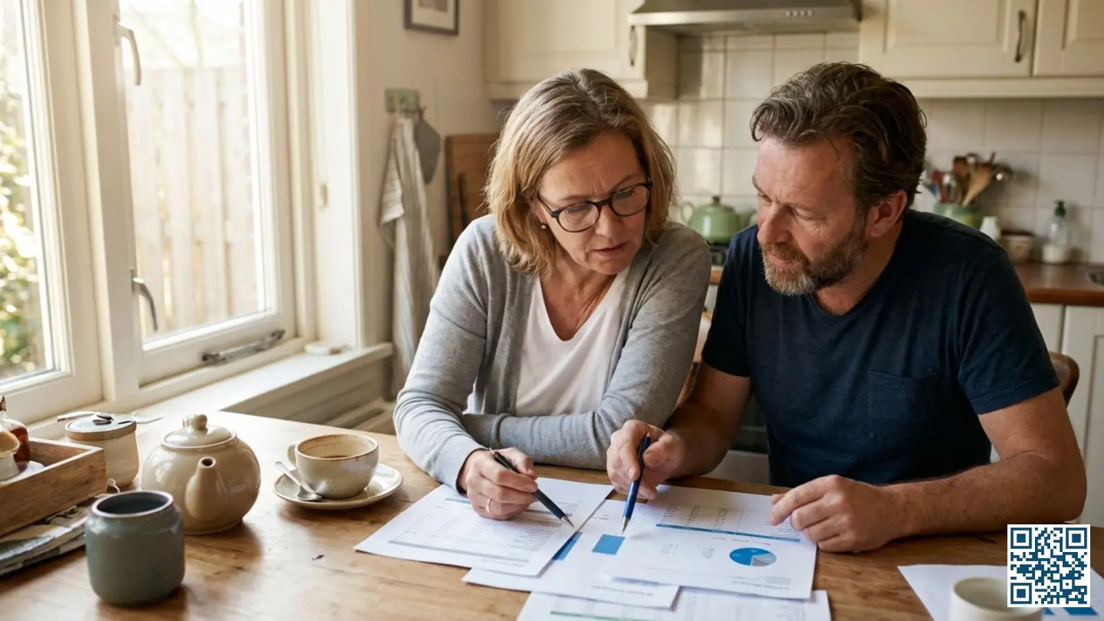Stel vergelijkt meerdere glasoffertes aan de keukentafel om de beste aanbieding te kiezen