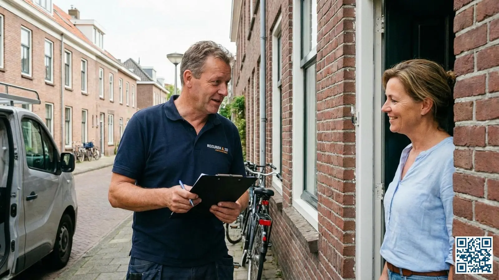 Glaszetter bespreekt de offerte en werkzaamheden met een woningeigenaar bij de voordeur