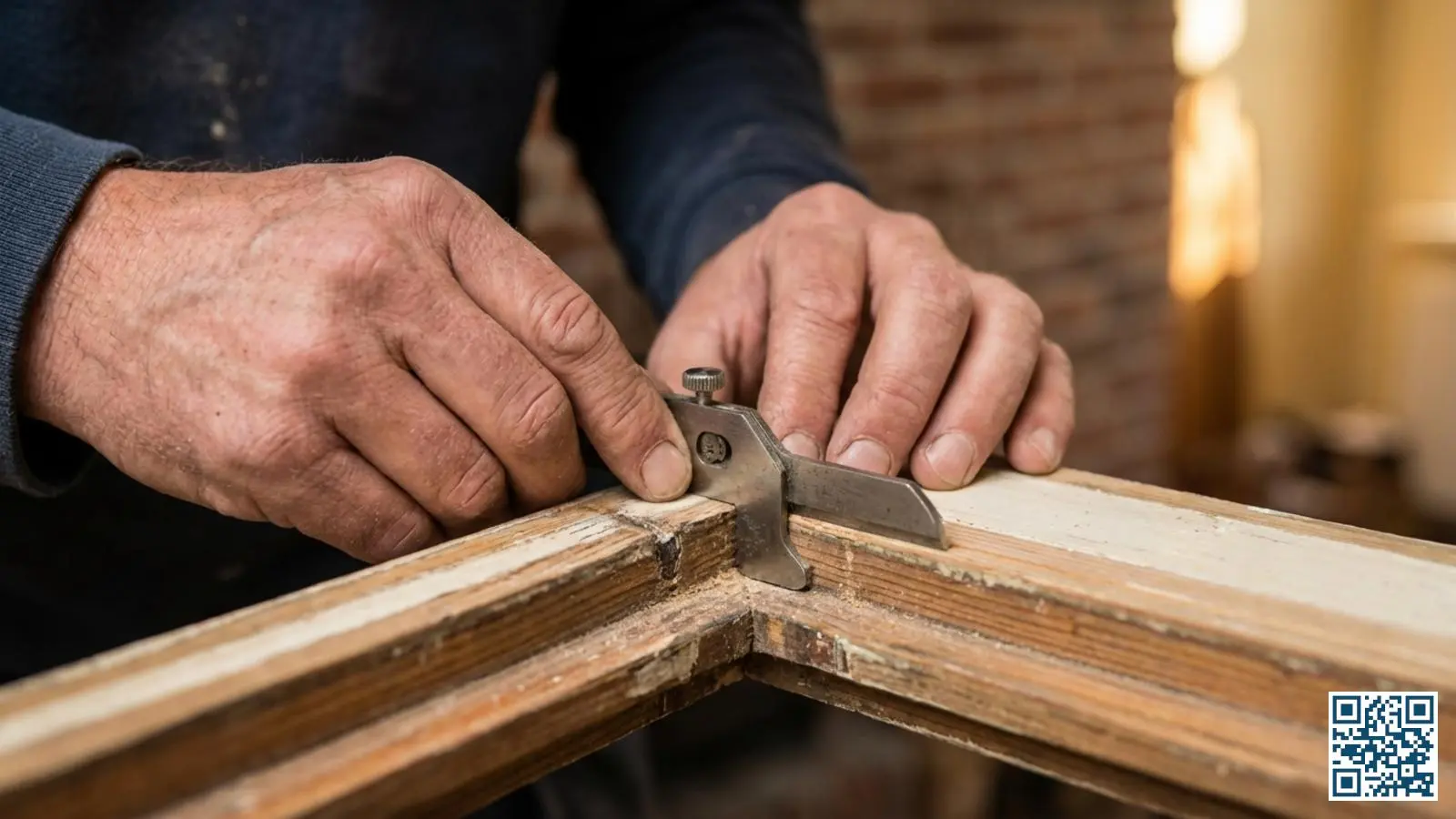 Glaszetter inspecteert de sponningdiepte van een houten kozijn om te bepalen of HR-glas past