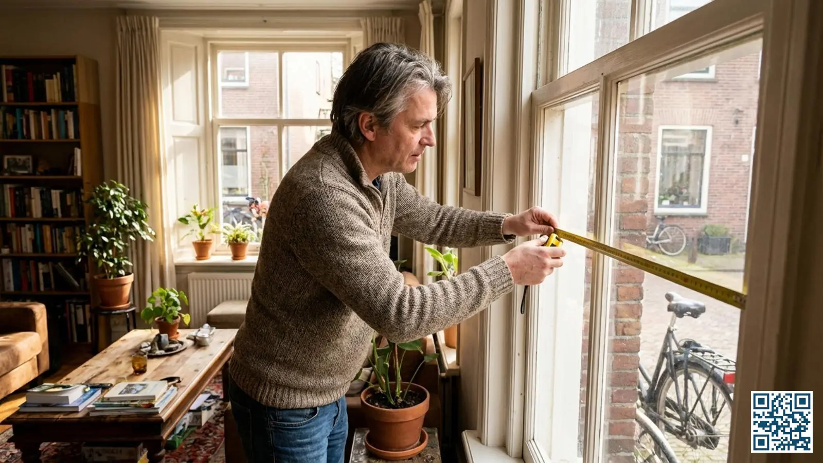 Woningeigenaar meet een raamkozijn op met een meetlint ter voorbereiding op een offerte-aanvraag voor HR-glas