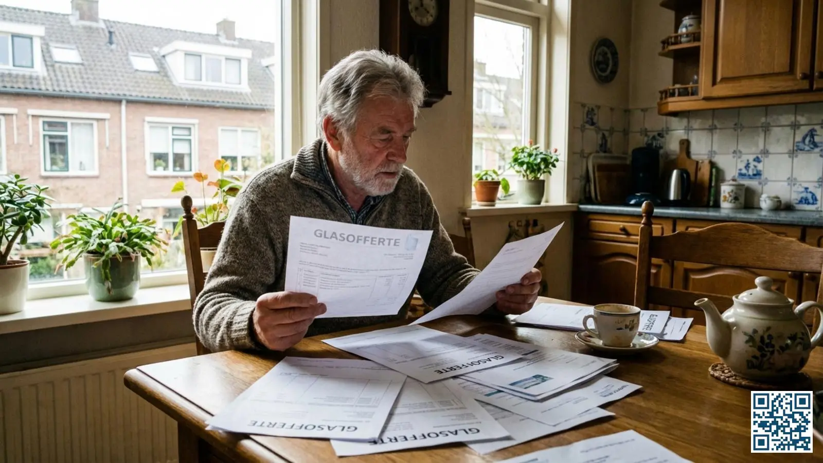 Nederlandse huiseigenaar vergelijkt meerdere glasoffertes aan de keukentafel bij daglicht