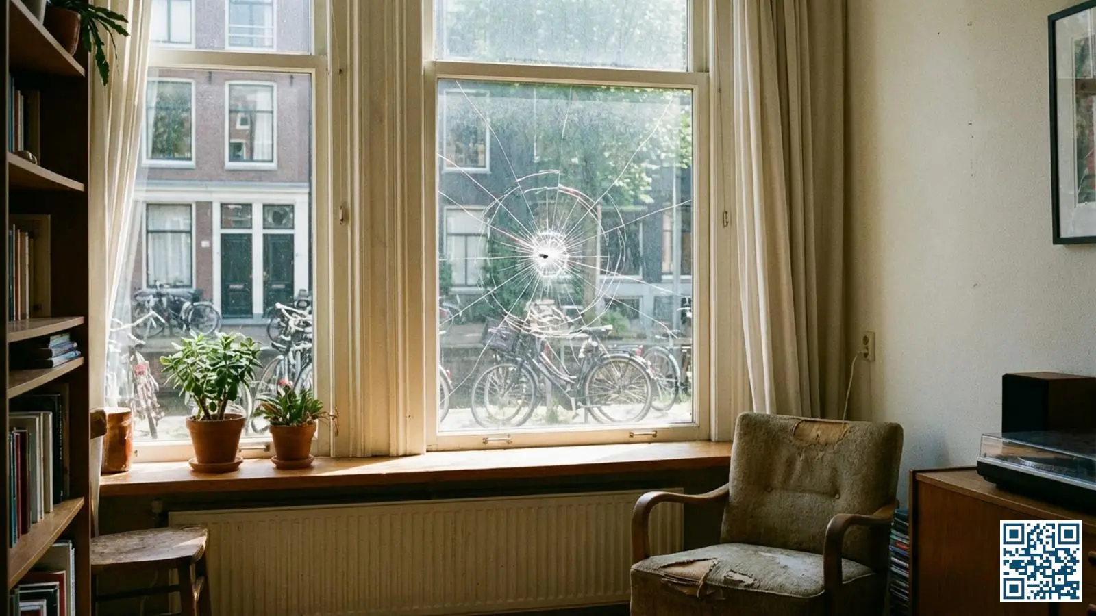 Woonkamerraam met zichtbare stervormige barst in het HR-glas door een impactpunt