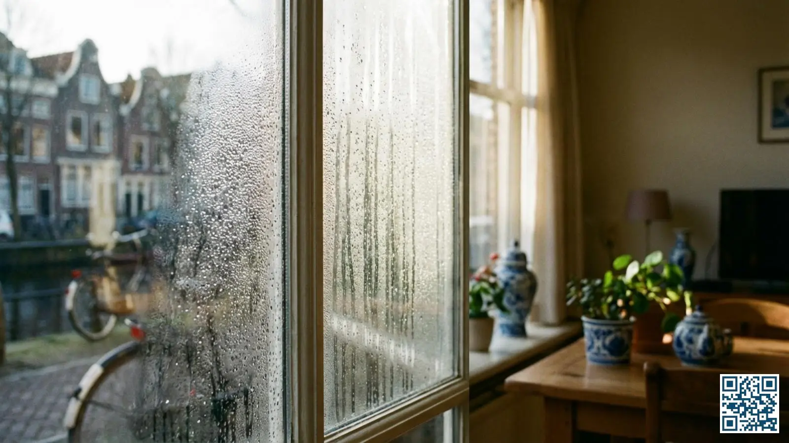 Condensdruppels aan de binnenkant van een raam in een Nederlandse woning met ochtendlicht