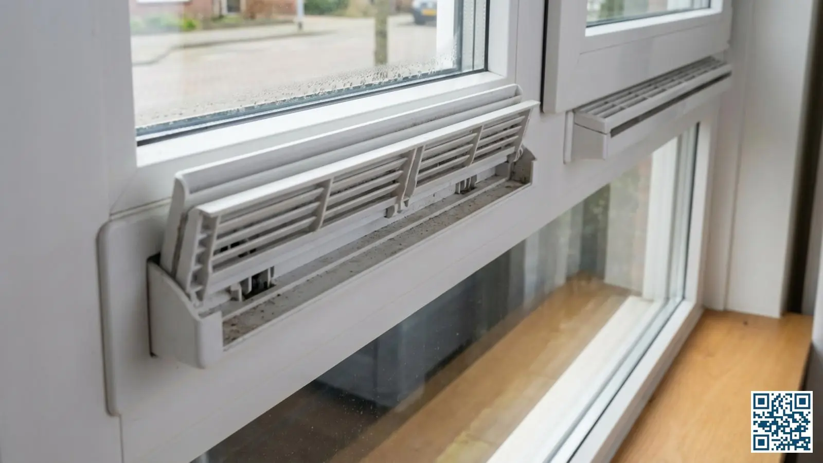 Witte ventilatieroosters in een kunststof kozijn zorgen voor luchtverversing in de woning