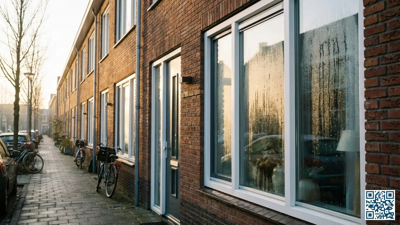 Nederlandse rijtjeswoning met zichtbare condensdruppels aan de buitenkant van HR-glas ramen in het vroege ochtendlicht
