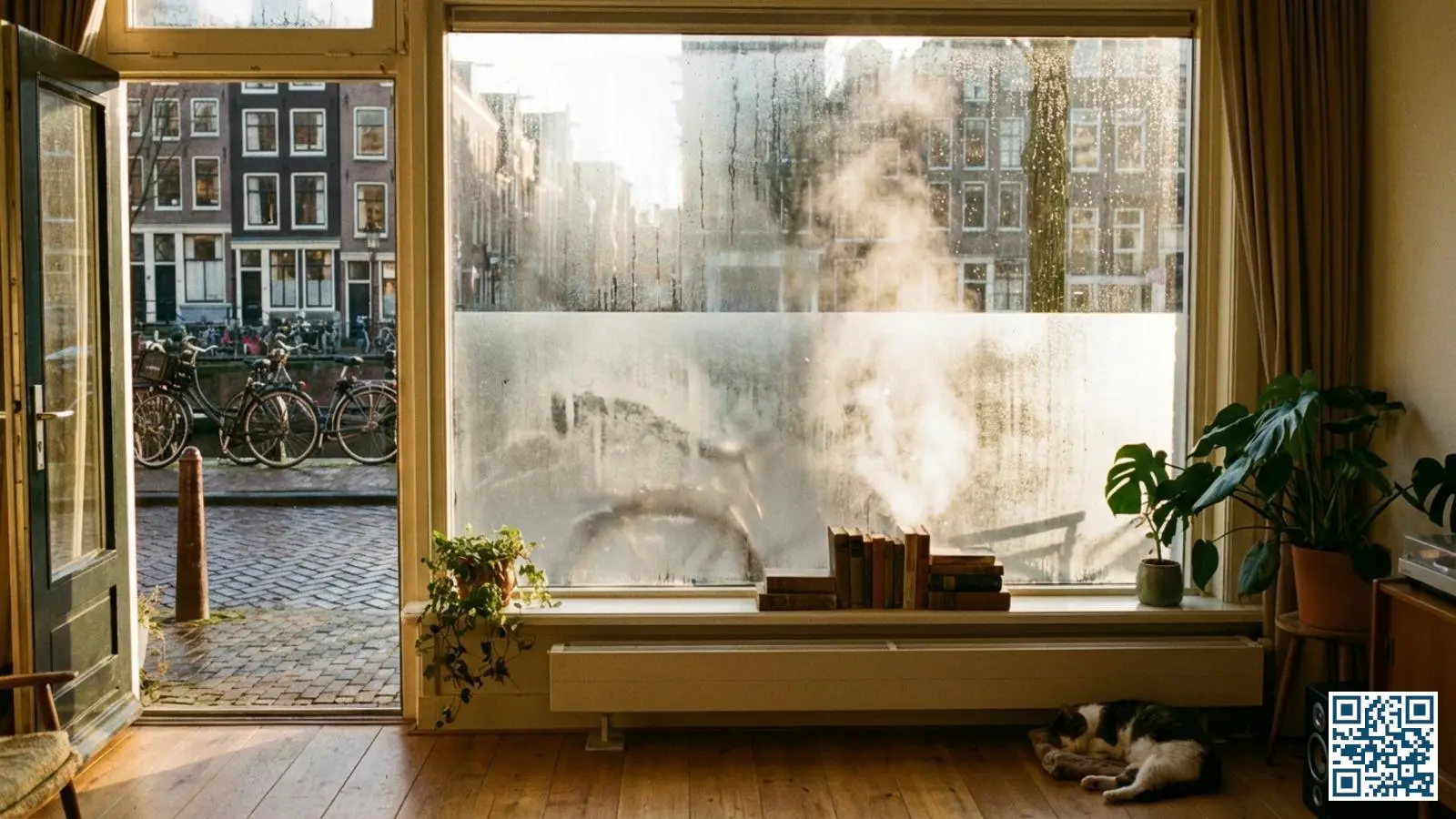 Ochtendzonlicht laat buitencondens op een HR-glas raam verdampen waarbij het bovenste deel al helder is