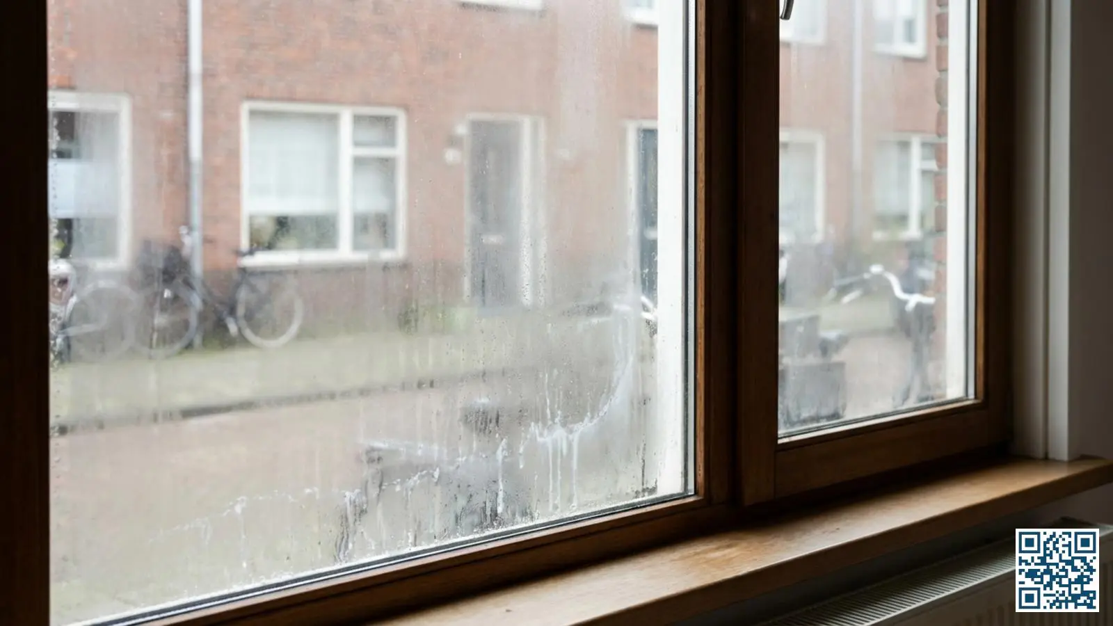Close-up van een HR-glas raam met zichtbare condensatie en waas tussen de glasplaten die niet weggeveegd kan worden