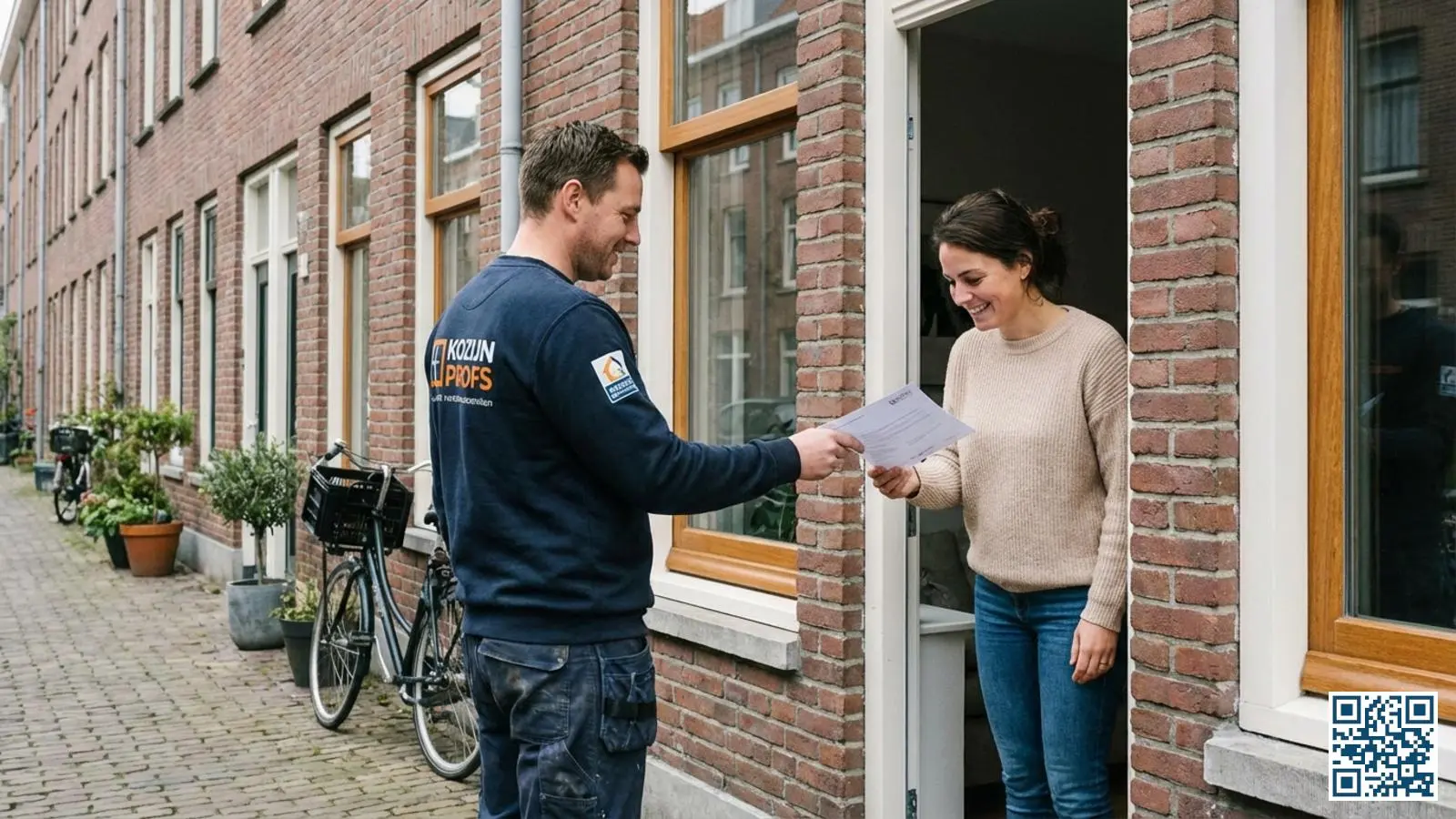 Glaszetter in werkkleding overhandigt garantiebewijs aan tevreden huiseigenaar bij Nederlandse rijtjeswoning