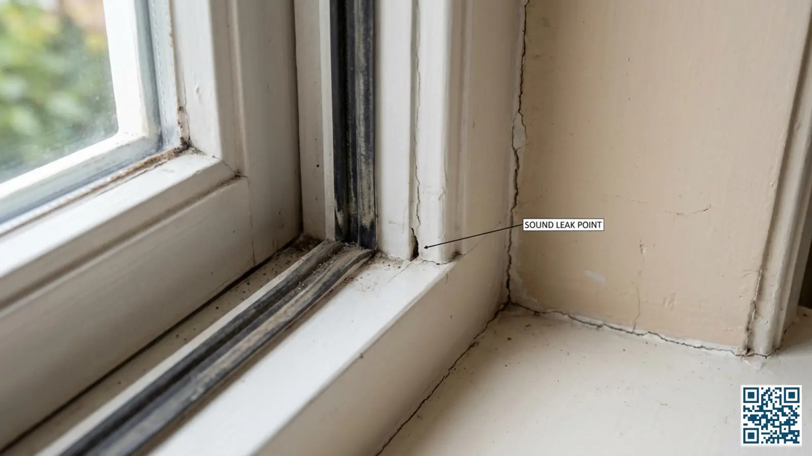 Close-up van een kozijnaansluiting die toont waar geluid door kieren en versleten afdichtingen kan binnendringen