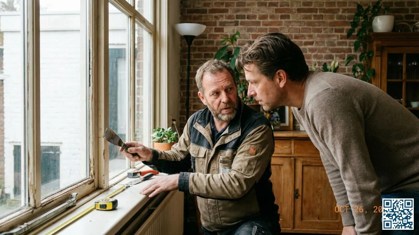 Professionele glaszetter inspecteert raamkozijn samen met huiseigenaar en wijst probleem aan