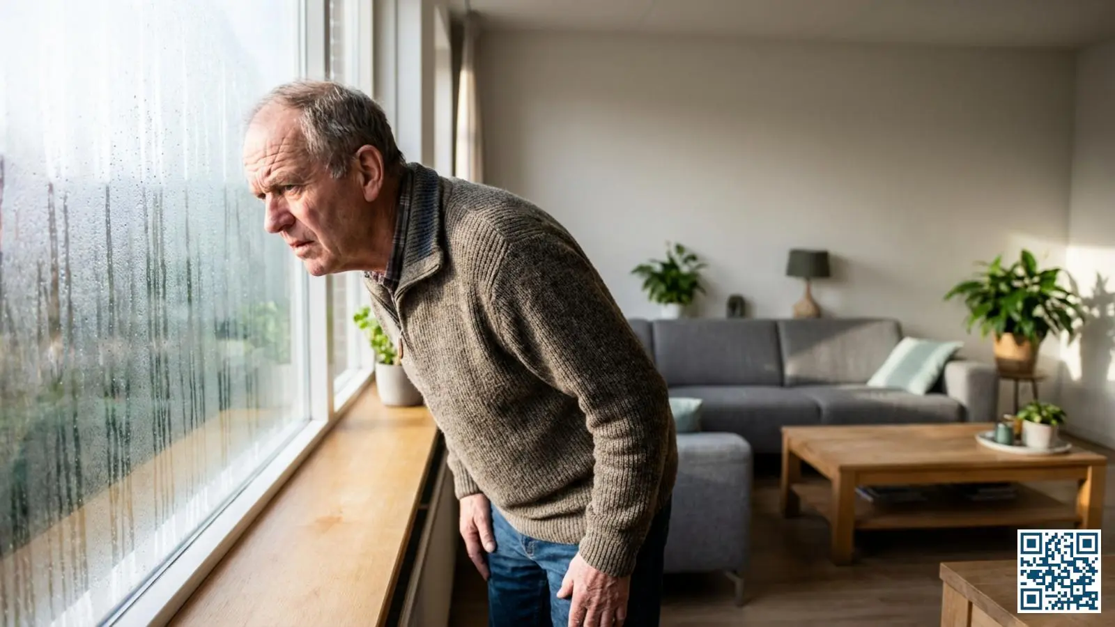 Bezorgde huiseigenaar bekijkt condensvorming op HR-glas raam in Nederlandse woonkamer