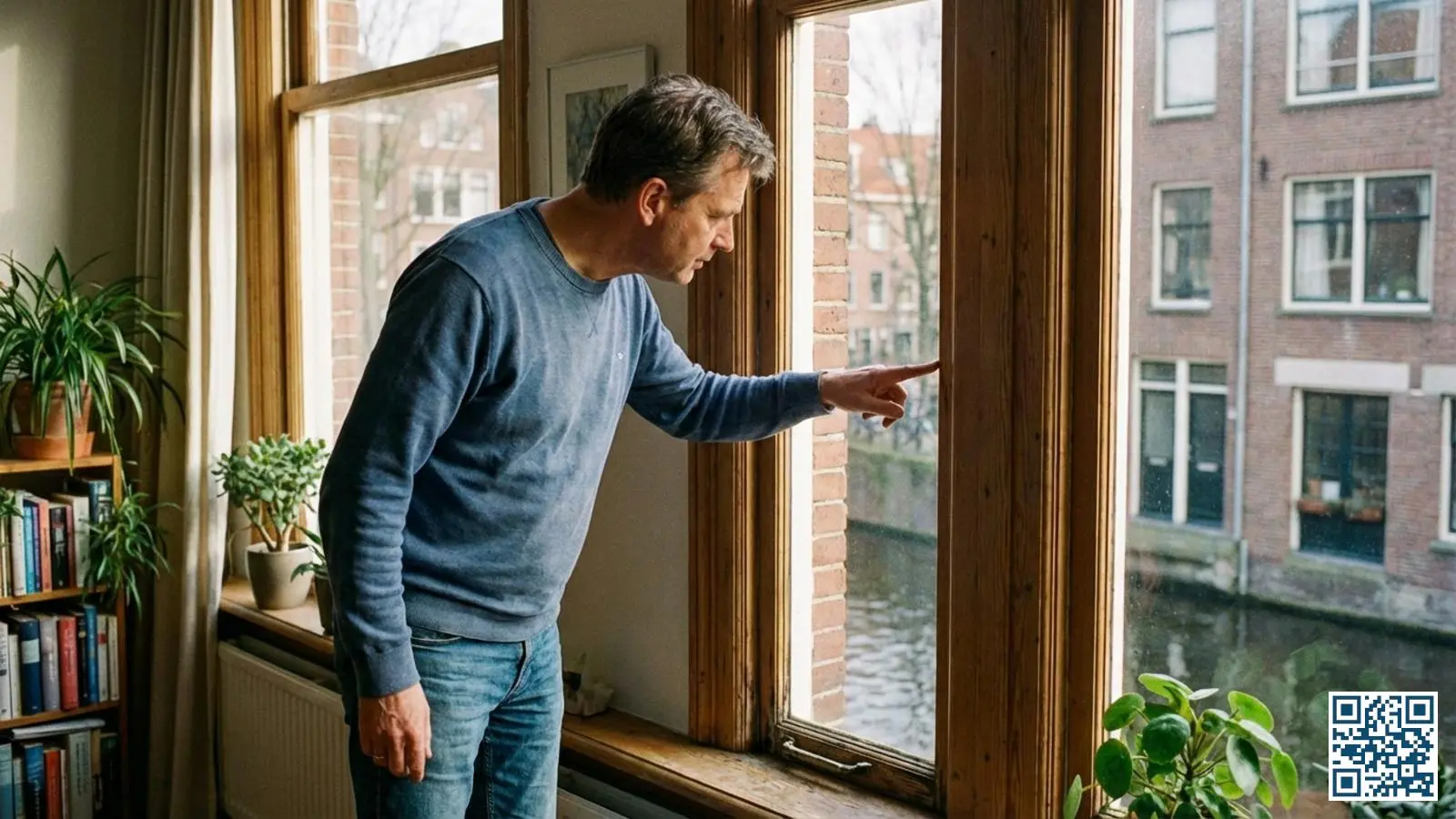 Huiseigenaar controleert de conditie van de kitrand rondom het raam in de woonkamer van een Nederlandse woning