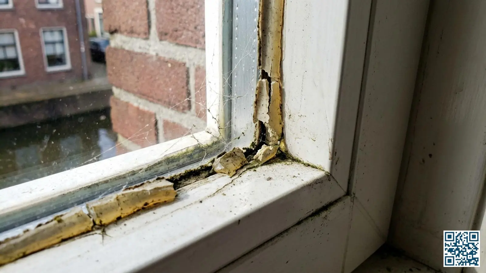 Close-up van verouderde kitranden met scheuren en barsten rondom een HR-glas raam in een Nederlandse woning