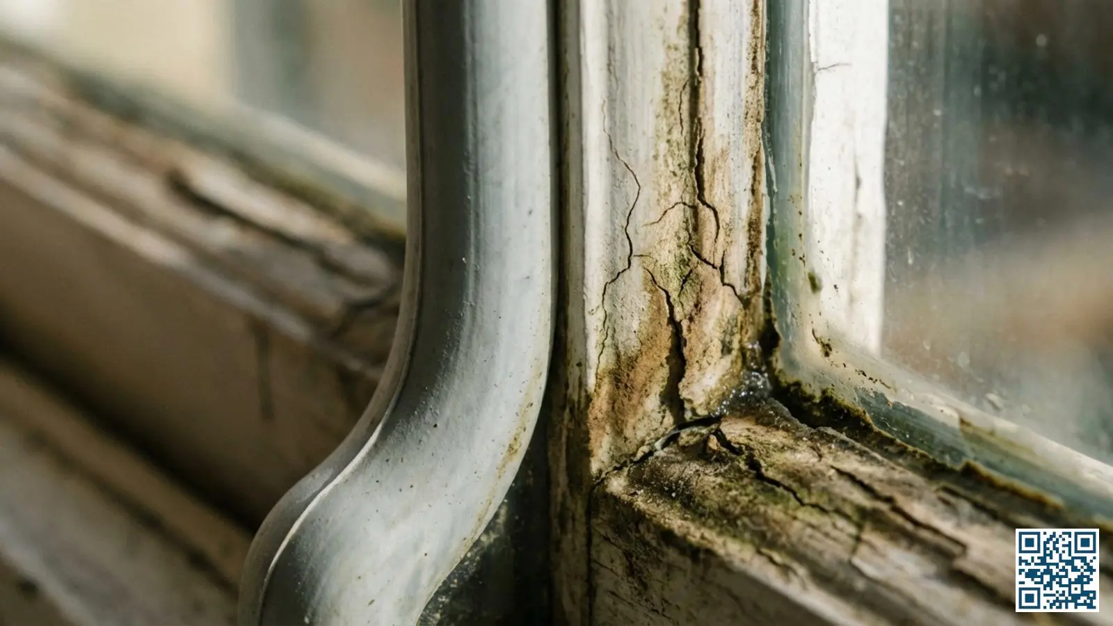 Detailopname van verweerde kitrand rondom dubbelglas met zichtbare haarscheurtjes en beginnende loslating