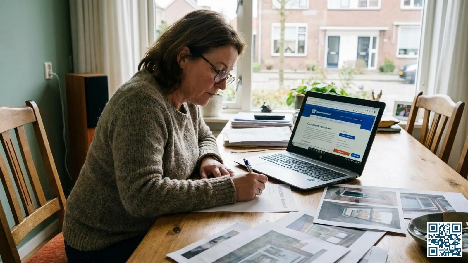 Nederlandse huiseigenaar schrijft een formele klachtbrief over glasvervanging aan de eettafel met documenten en foto's