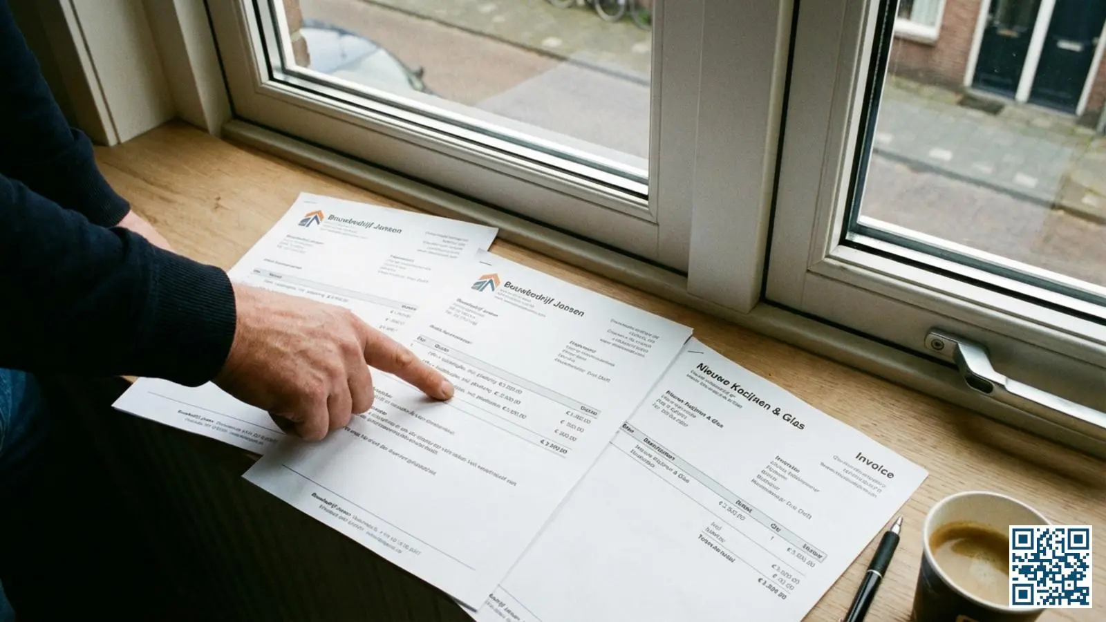 Offerte en factuur documenten naast een nieuw geplaatst HR-glas raam in een Nederlandse woning
