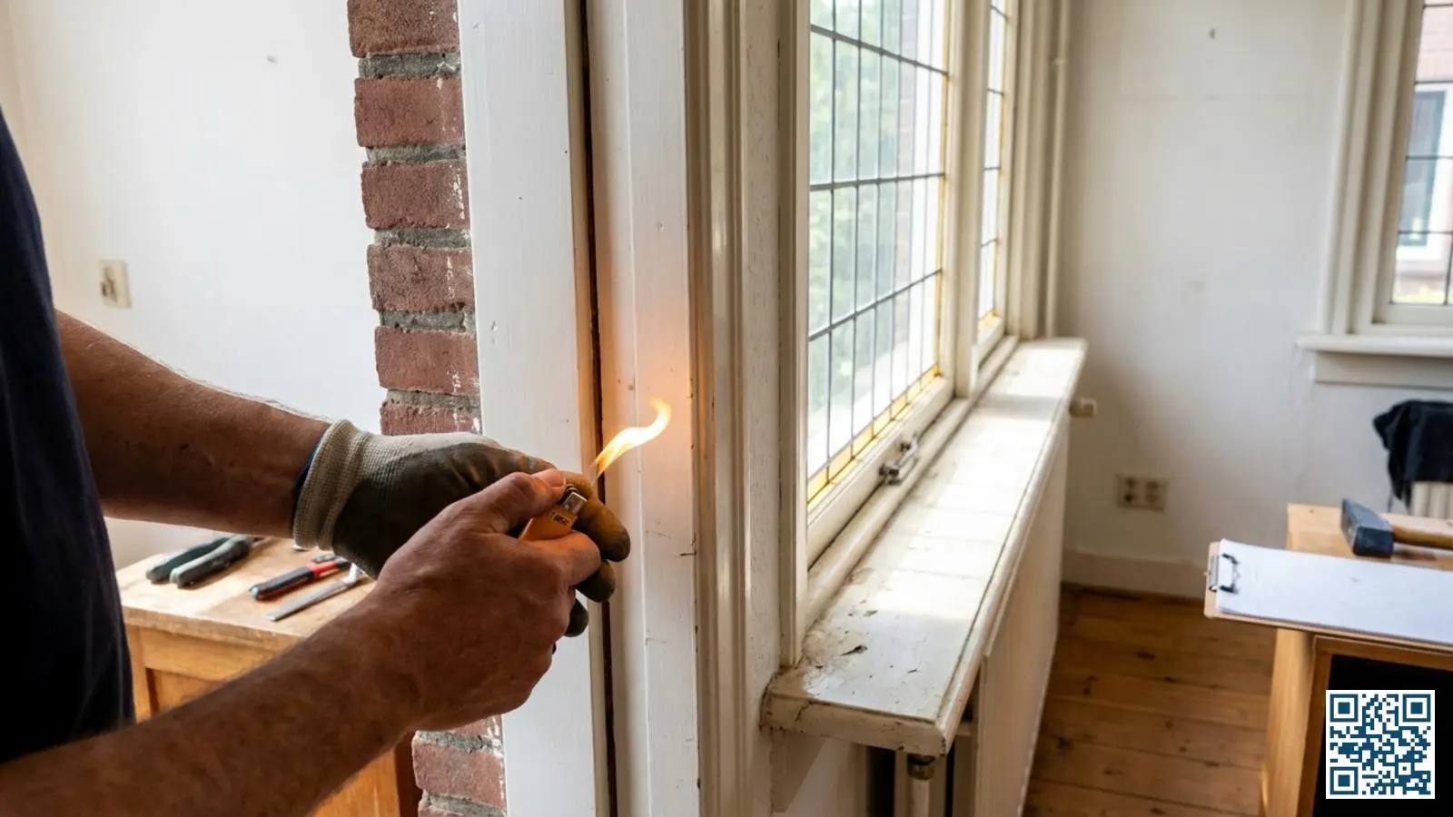 Persoon voert aanstekertest uit bij raamkozijn om tocht op te sporen met flikkerende vlam bij de naad