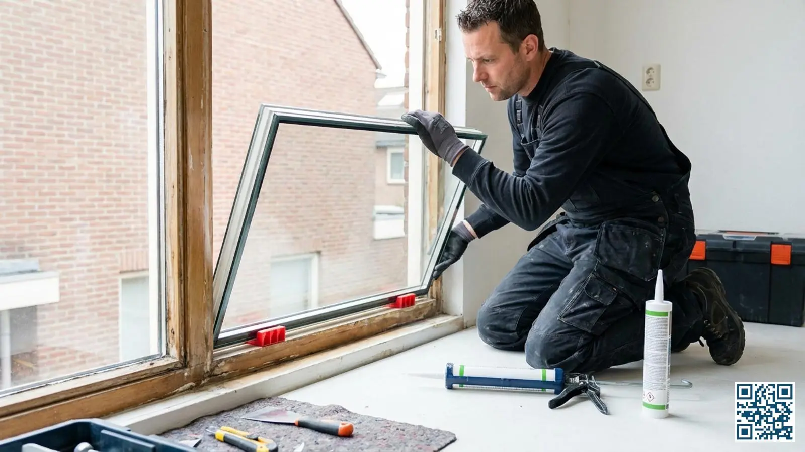 Glaszetter plaatst nieuw HR-glas in bestaand houten kozijn als duurzame oplossing voor tochtproblemen