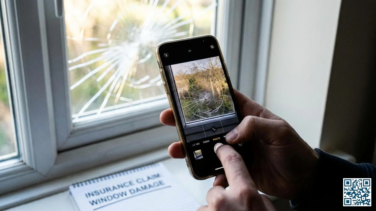 Persoon fotografeert een barst in een dubbelglasraam met een smartphone voor een verzekeringsclaim