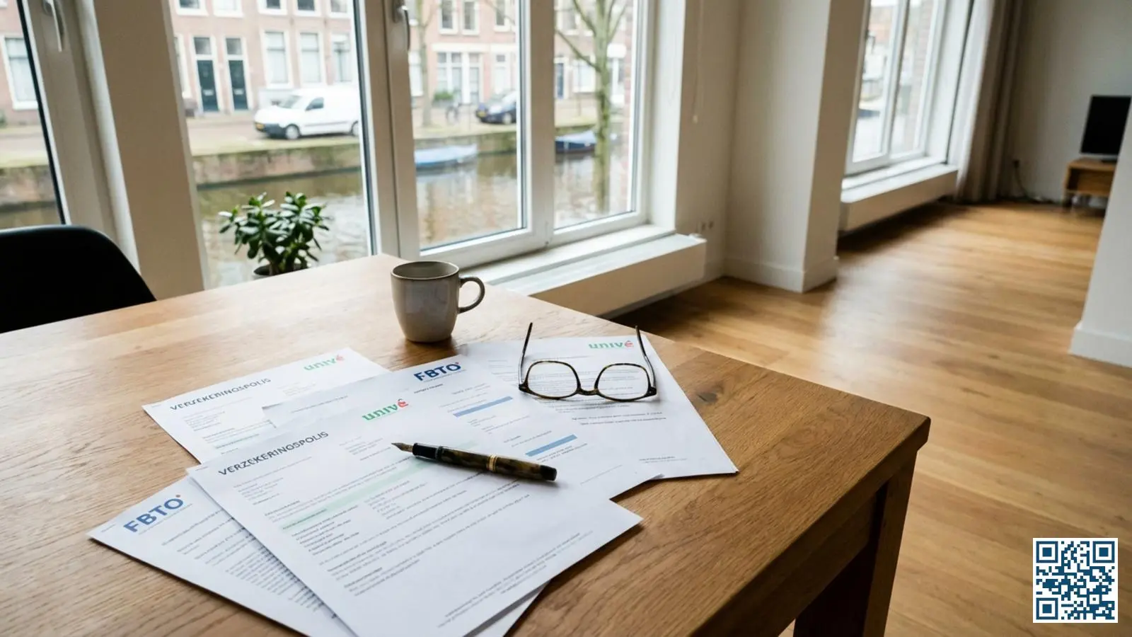 Verzekeringsdocumenten en polisvoorwaarden op een bureau naast een raam met HR-glas in een Nederlandse woning