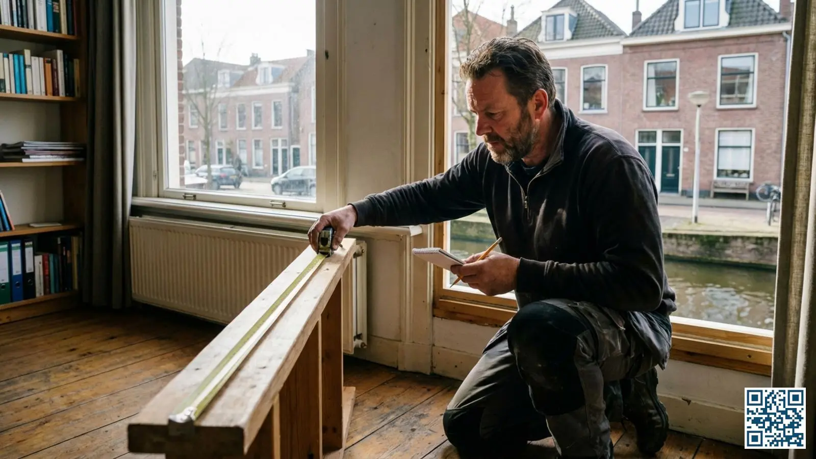 Glaszetter meet zorgvuldig een raamkozijn op met meetlint en notitieblok in Nederlandse woning