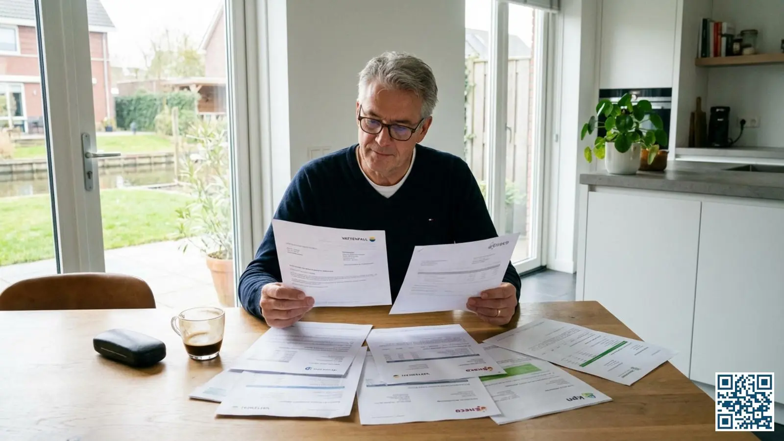 Huiseigenaar vergelijkt meerdere offertes voor glasvervanging aan de keukentafel