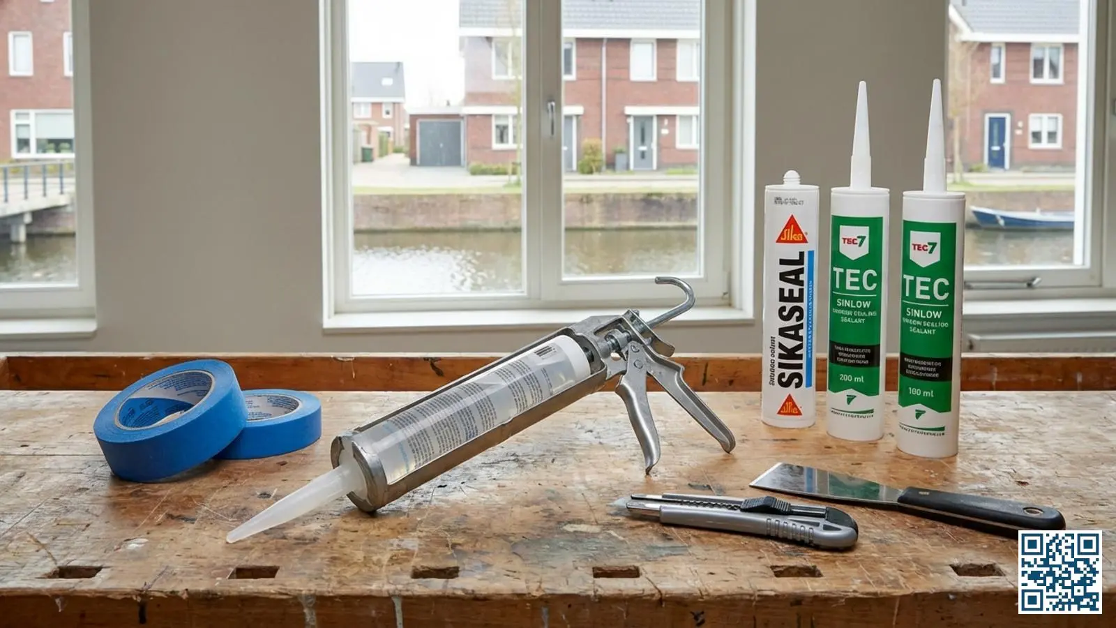 Materialen voor het vervangen van kitranden uitgestald op een werkbank met kitpistool en siliconenkit