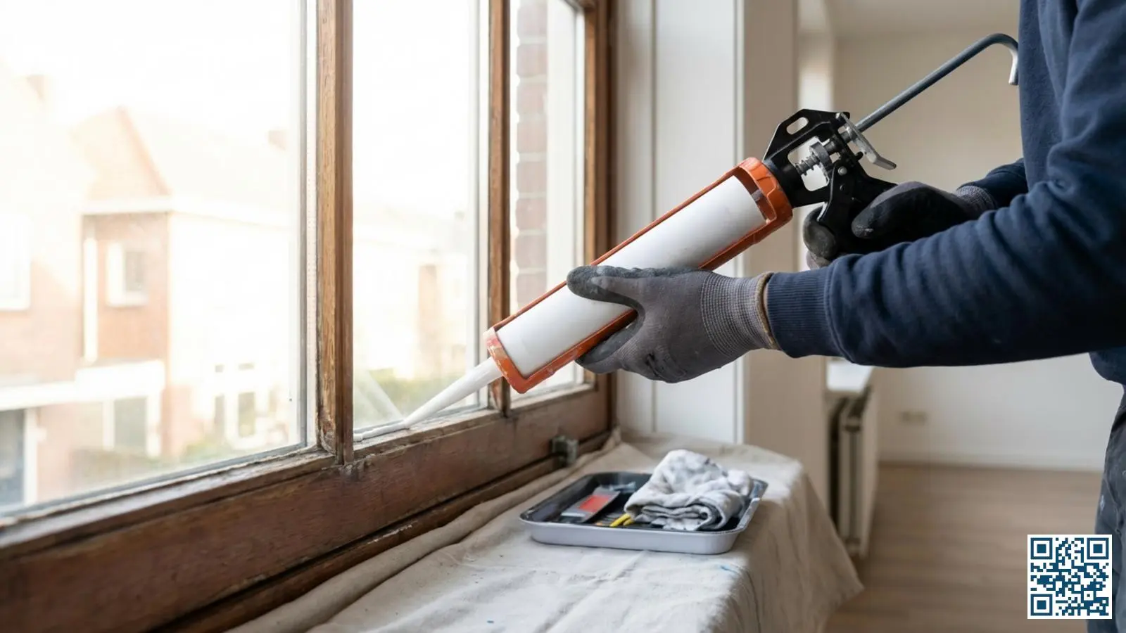 Handen die met een kitpistool siliconenkit aanbrengen langs de rand van een raam in een Nederlandse woning