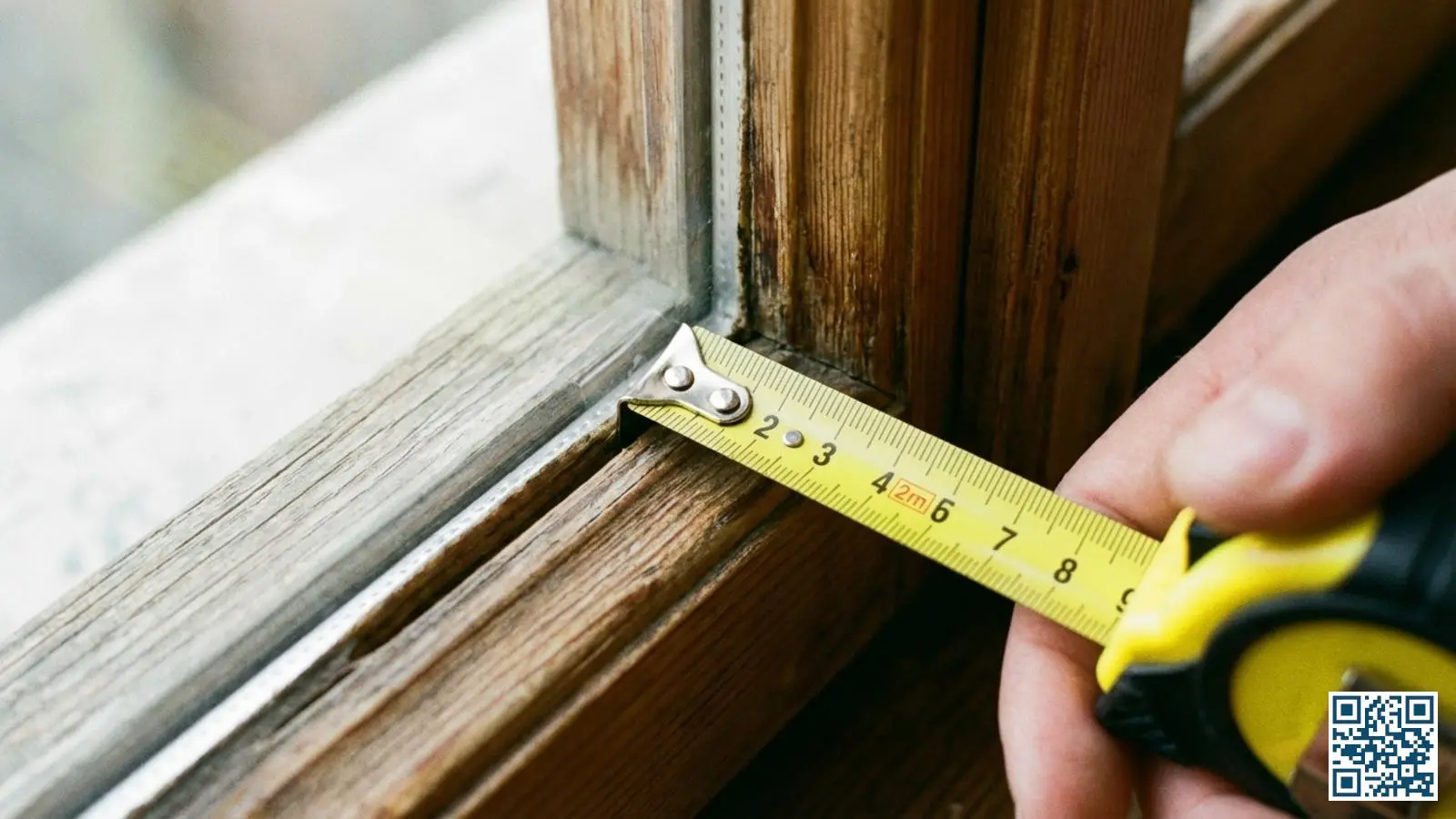 Close-up van meetlint tegen houten raamkozijn met zichtbare sponning waar het glas in past