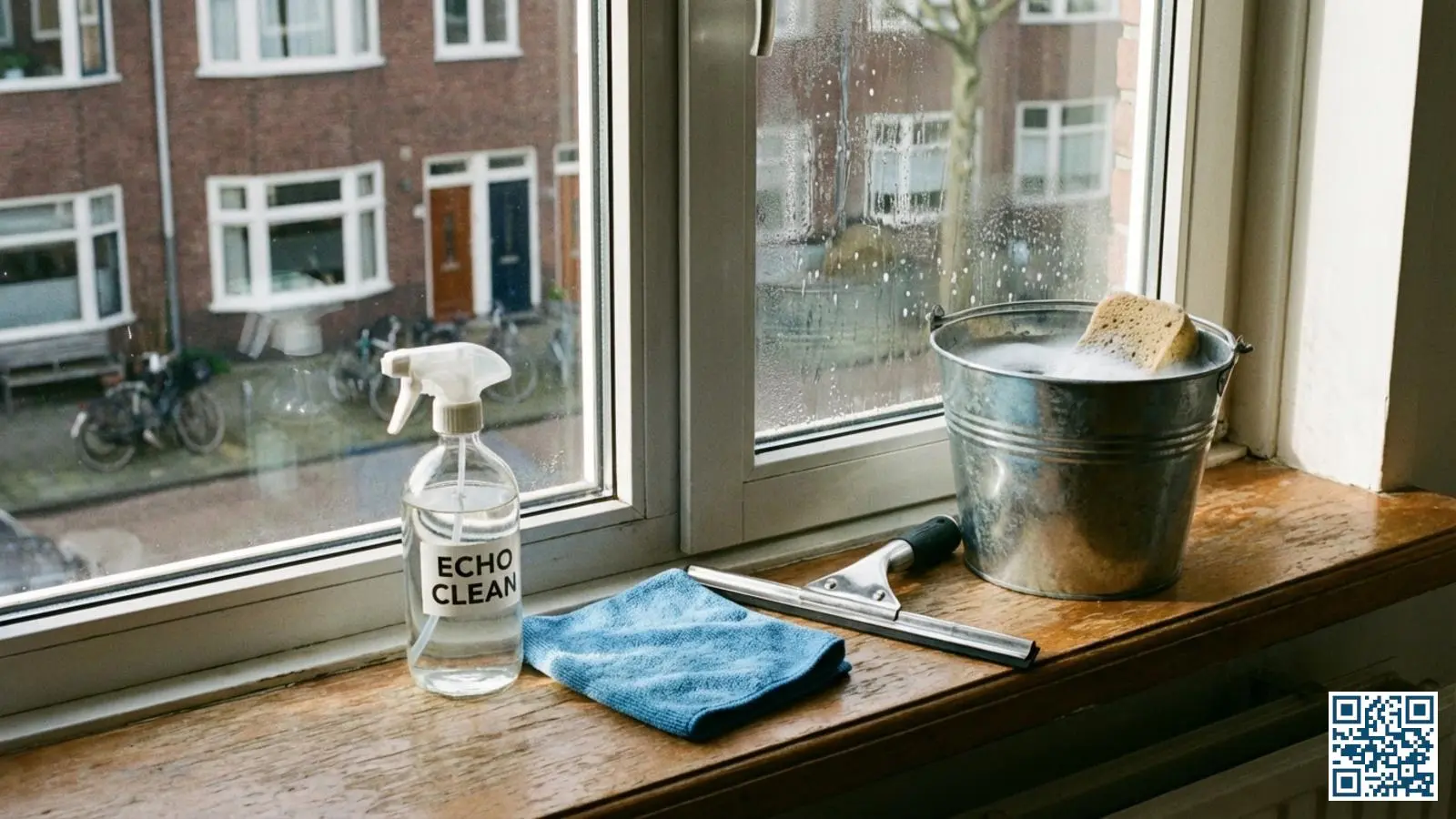 Schoonmaakspullen voor het wassen van HR-glas ramen waaronder microvezeldoek en raamwisser op vensterbank