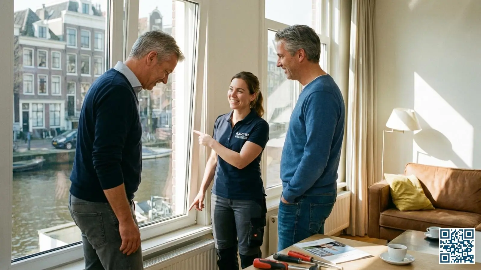 Huiseigenaar en glaszetter controleren samen de kwaliteit van het nieuw geplaatste HR-glas tijdens de oplevering