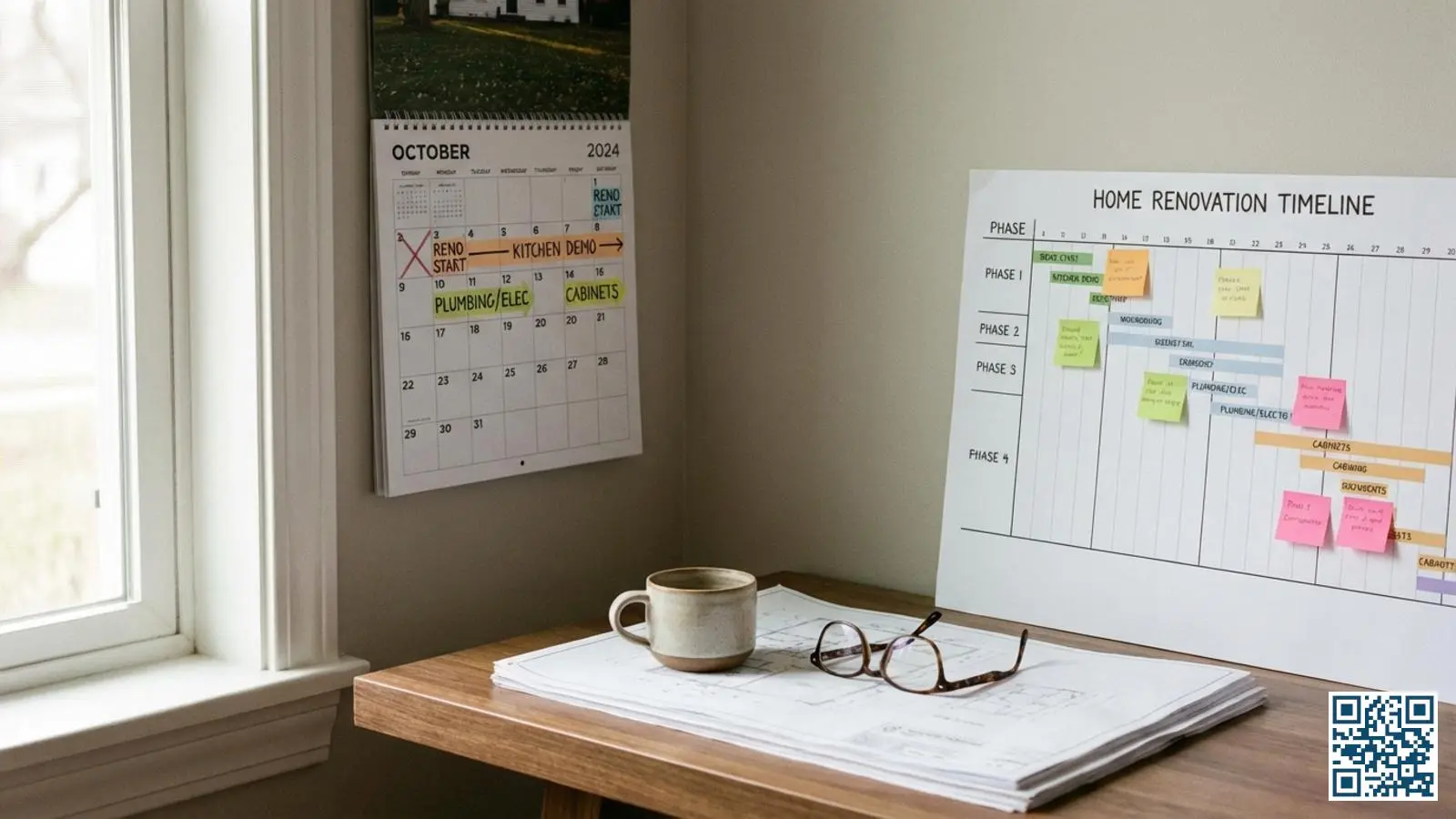 Kalender met geplande data en documenten voor een glasvervangingsproject op een bureau